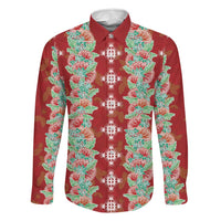 Hawaii Ohia Lehua Family Matching Off Shoulder Maxi Dress and Hawaiian Shirt Tropical Vibes Crimson LT05 Dad's Shirt - Long Sleeve Crimson - Polynesian Pride