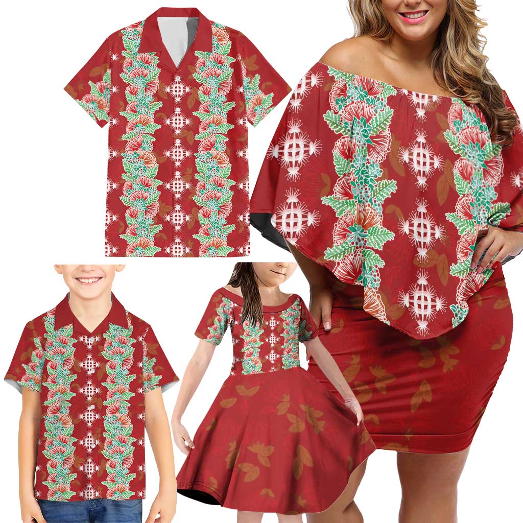 Hawaii Ohia Lehua Family Matching Off Shoulder Short Dress and Hawaiian Shirt Tropical Vibes Crimson LT05 - Polynesian Pride