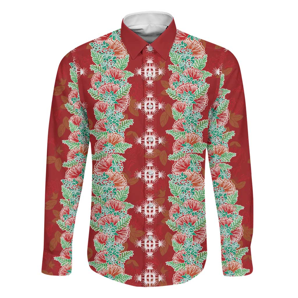Hawaii Ohia Lehua Family Matching Off Shoulder Short Dress and Hawaiian Shirt Tropical Vibes Crimson LT05 Dad's Shirt - Long Sleeve Crimson - Polynesian Pride
