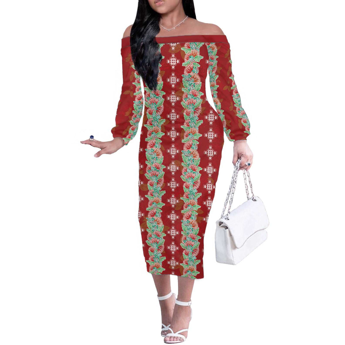 Hawaii Ohia Lehua Off The Shoulder Long Sleeve Dress Tropical Vibes Crimson