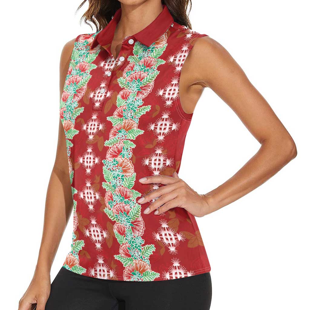 Hawaii Ohia Lehua Women Sleeveless Polo Shirt Tropical Vibes Crimson