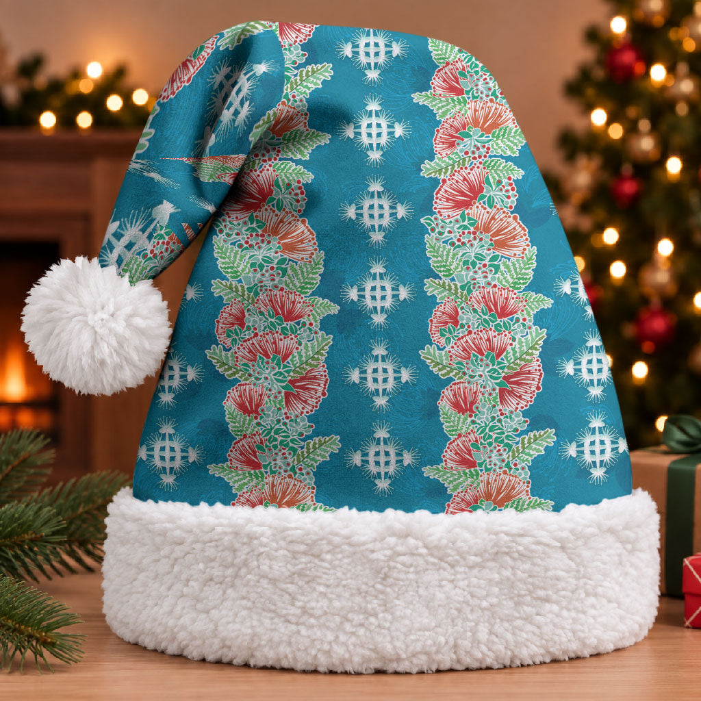 Hawaii Ohia Lehua Christmas Santa Hat Tropical Vibes Teal LT05 With Fur Teal - Polynesian Pride