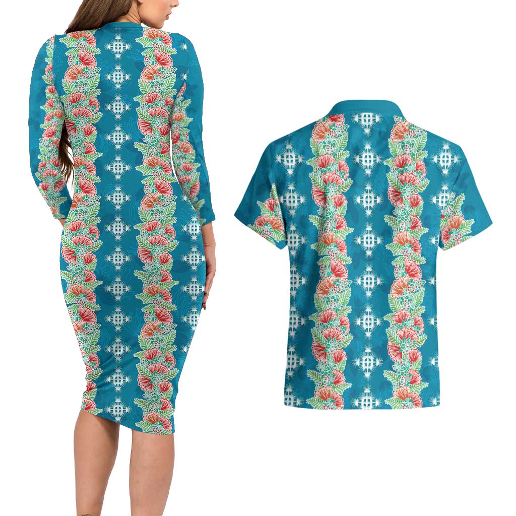 Hawaii Ohia Lehua Couples Matching Long Sleeve Bodycon Dress and Hawaiian Shirt Tropical Vibes Teal