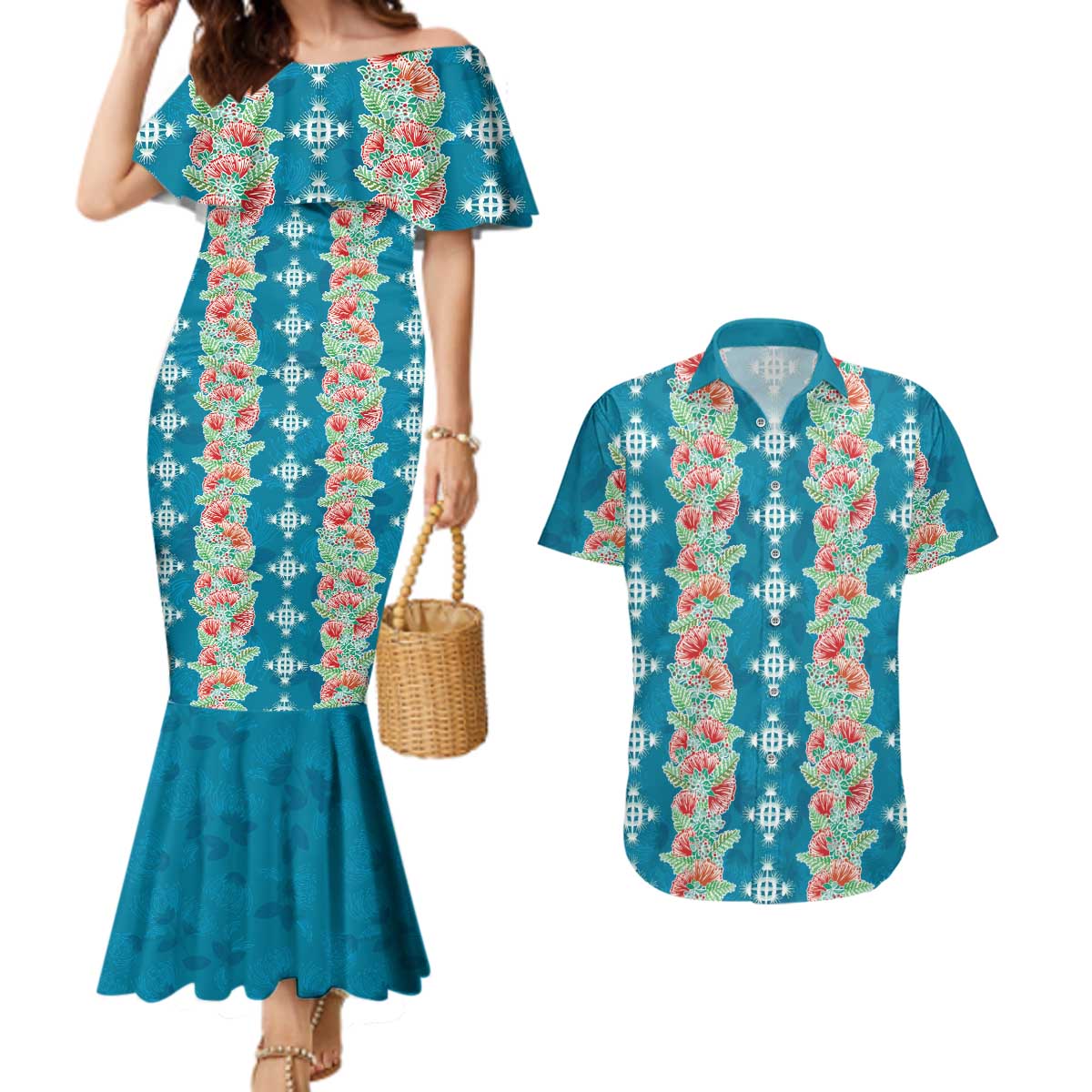 Hawaii Ohia Lehua Couples Matching Mermaid Dress and Hawaiian Shirt Tropical Vibes Teal