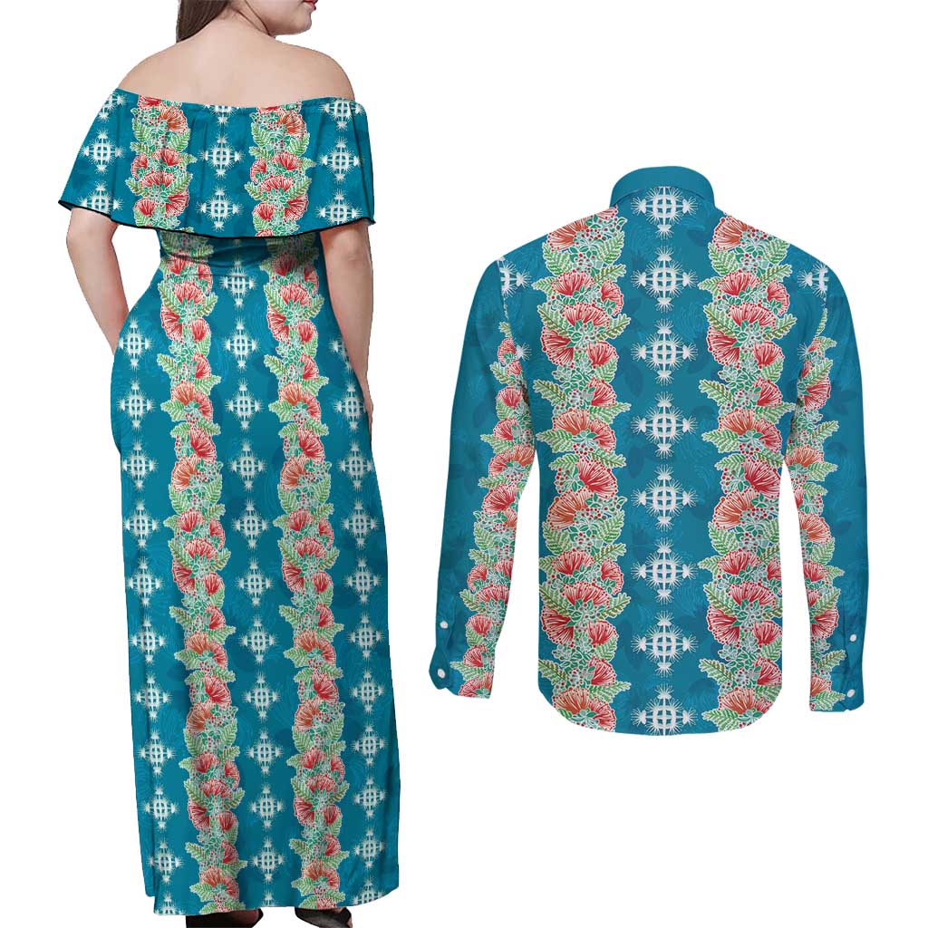 Hawaii Ohia Lehua Couples Matching Off Shoulder Maxi Dress and Long Sleeve Button Shirt Tropical Vibes Teal