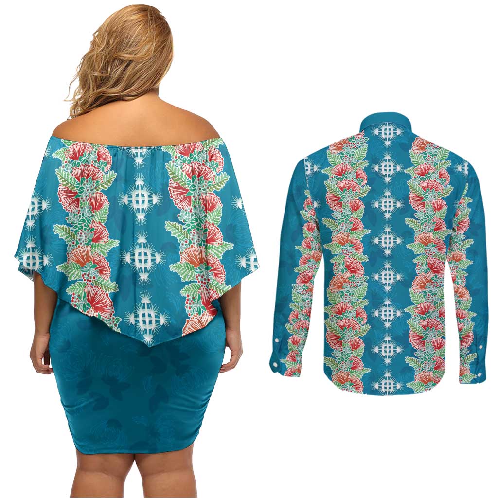 Hawaii Ohia Lehua Couples Matching Off Shoulder Short Dress and Long Sleeve Button Shirt Tropical Vibes Teal