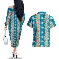 Hawaii Ohia Lehua Couples Matching Off The Shoulder Long Sleeve Dress and Hawaiian Shirt Tropical Vibes Teal LT05 - Polynesian Pride
