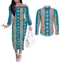 Hawaii Ohia Lehua Couples Matching Off The Shoulder Long Sleeve Dress and Long Sleeve Button Shirt Tropical Vibes Teal