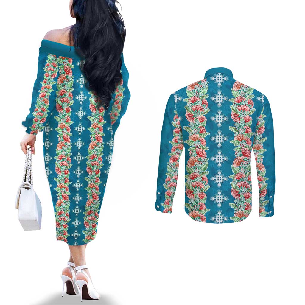 Hawaii Ohia Lehua Couples Matching Off The Shoulder Long Sleeve Dress and Long Sleeve Button Shirt Tropical Vibes Teal