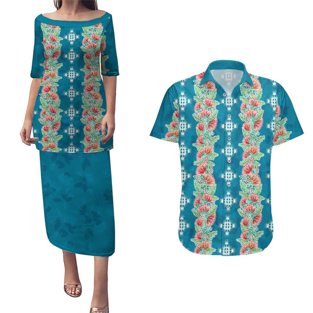 Hawaii Ohia Lehua Couples Matching Puletasi and Hawaiian Shirt Tropical Vibes Teal
