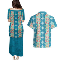 Hawaii Ohia Lehua Couples Matching Puletasi and Hawaiian Shirt Tropical Vibes Teal