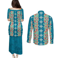 Hawaii Ohia Lehua Couples Matching Puletasi and Long Sleeve Button Shirt Tropical Vibes Teal
