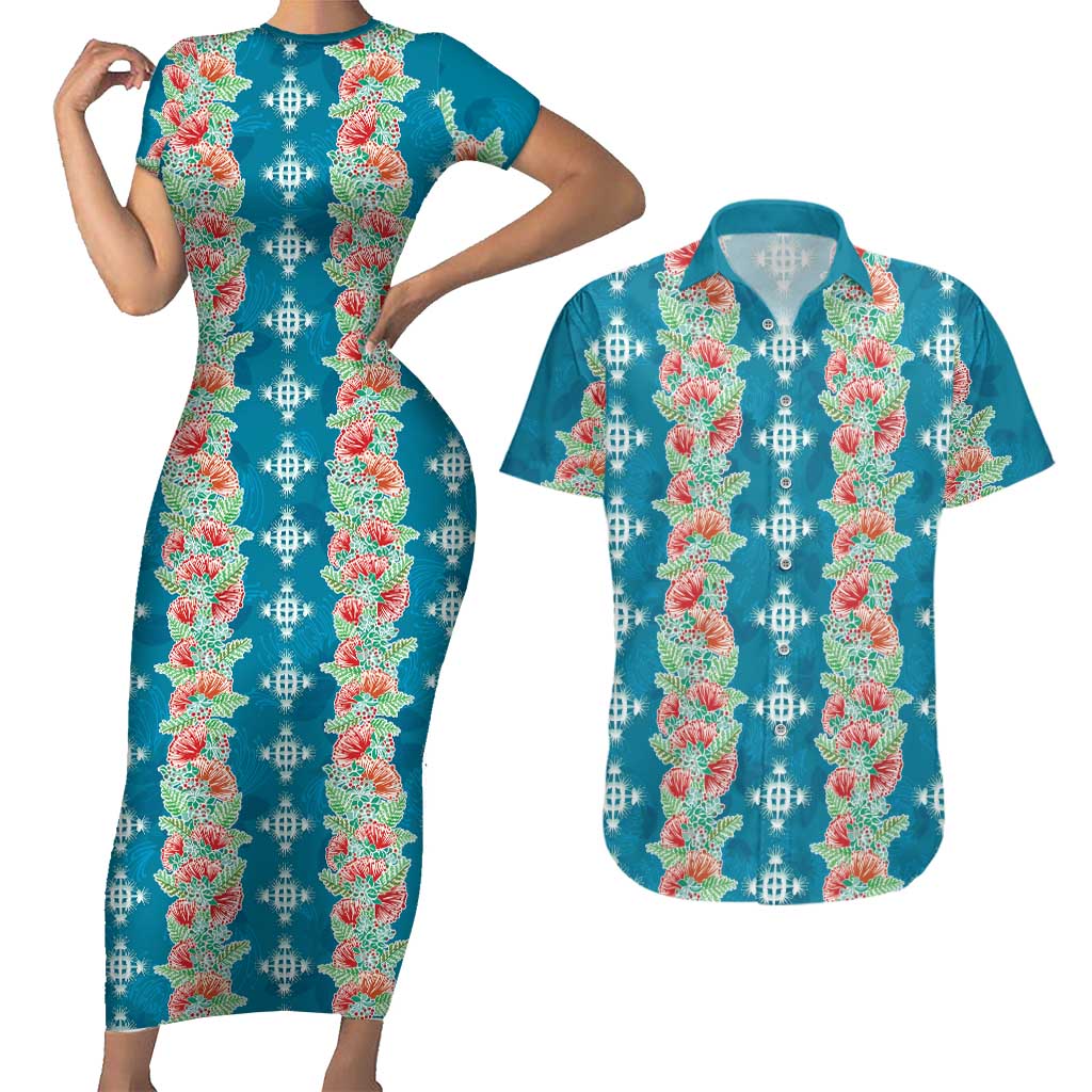 Hawaii Ohia Lehua Couples Matching Short Sleeve Bodycon Dress and Hawaiian Shirt Tropical Vibes Teal LT05 Teal - Polynesian Pride