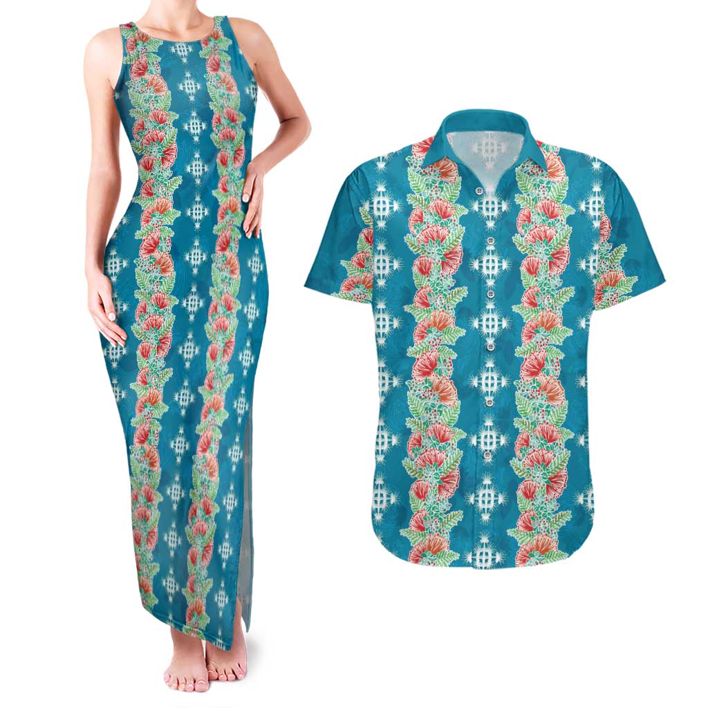 Hawaii Ohia Lehua Couples Matching Tank Maxi Dress and Hawaiian Shirt Tropical Vibes Teal