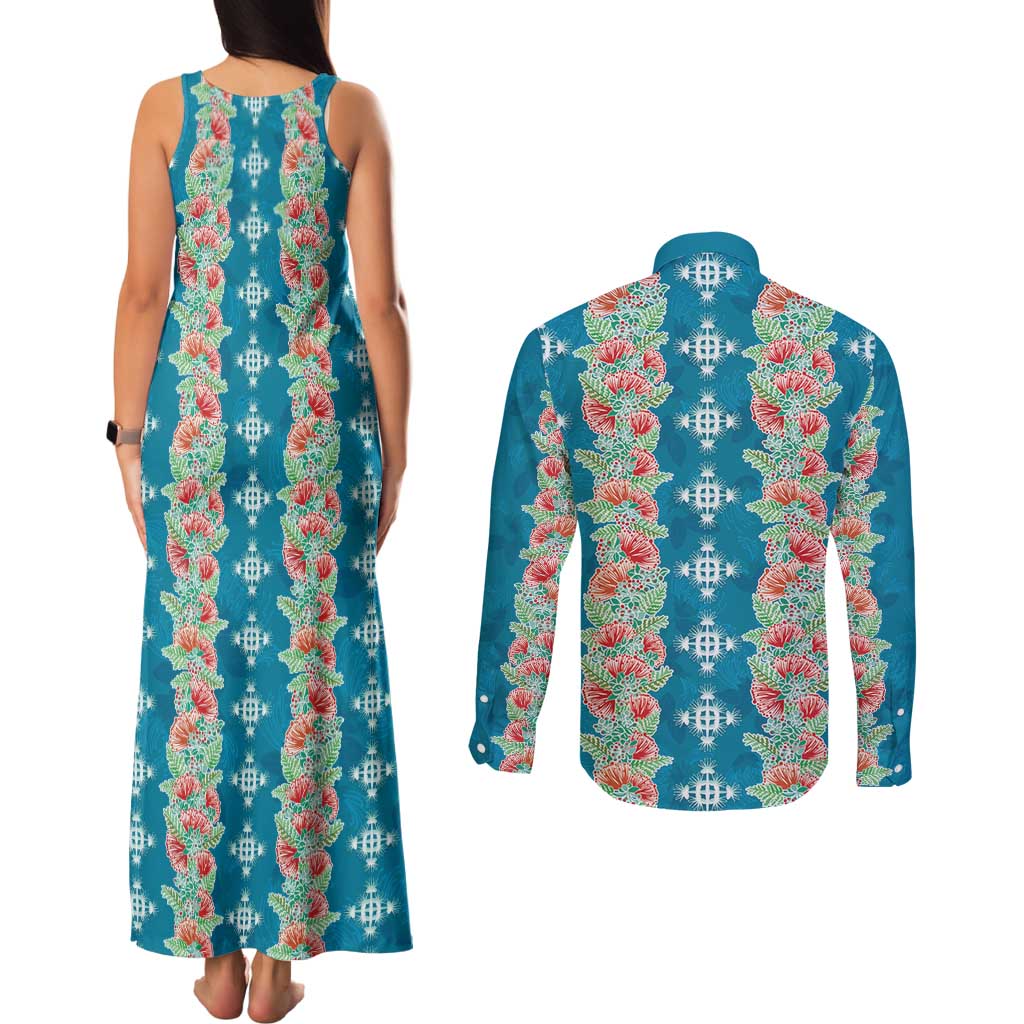 Hawaii Ohia Lehua Couples Matching Tank Maxi Dress and Long Sleeve Button Shirt Tropical Vibes Teal