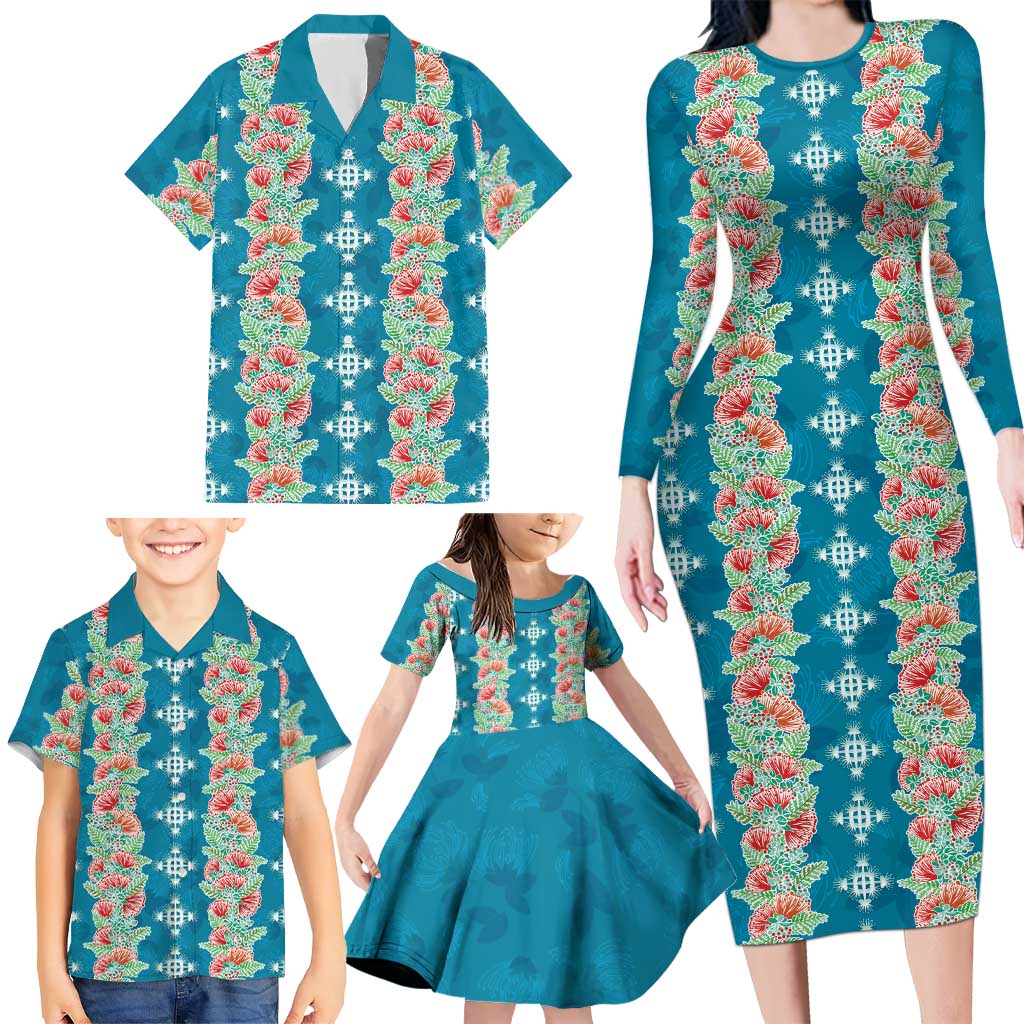 Hawaii Ohia Lehua Family Matching Long Sleeve Bodycon Dress and Hawaiian Shirt Tropical Vibes Teal LT05 - Polynesian Pride