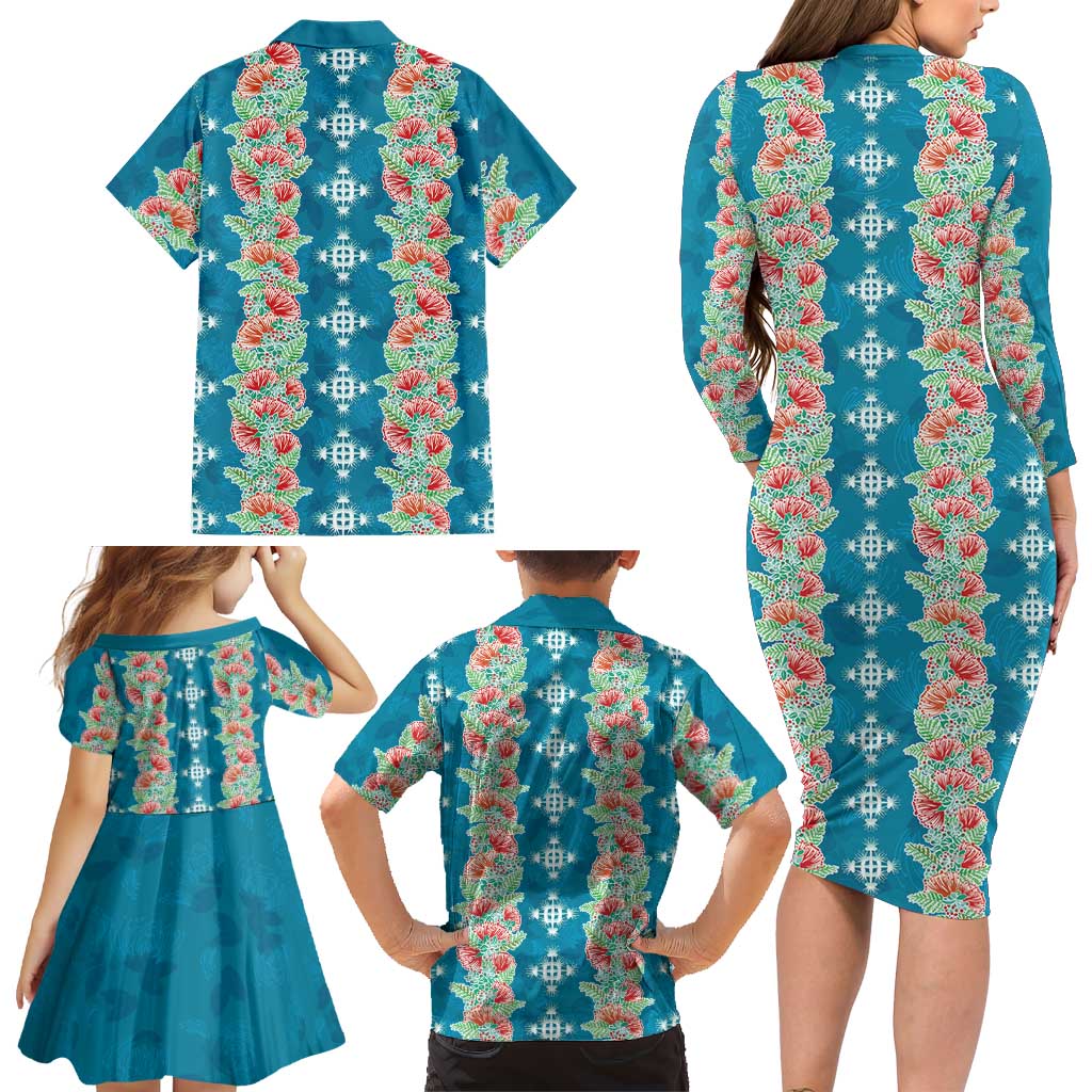 Hawaii Ohia Lehua Family Matching Long Sleeve Bodycon Dress and Hawaiian Shirt Tropical Vibes Teal LT05 - Polynesian Pride