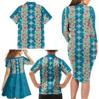 Hawaii Ohia Lehua Family Matching Long Sleeve Bodycon Dress and Hawaiian Shirt Tropical Vibes Teal LT05 - Polynesian Pride