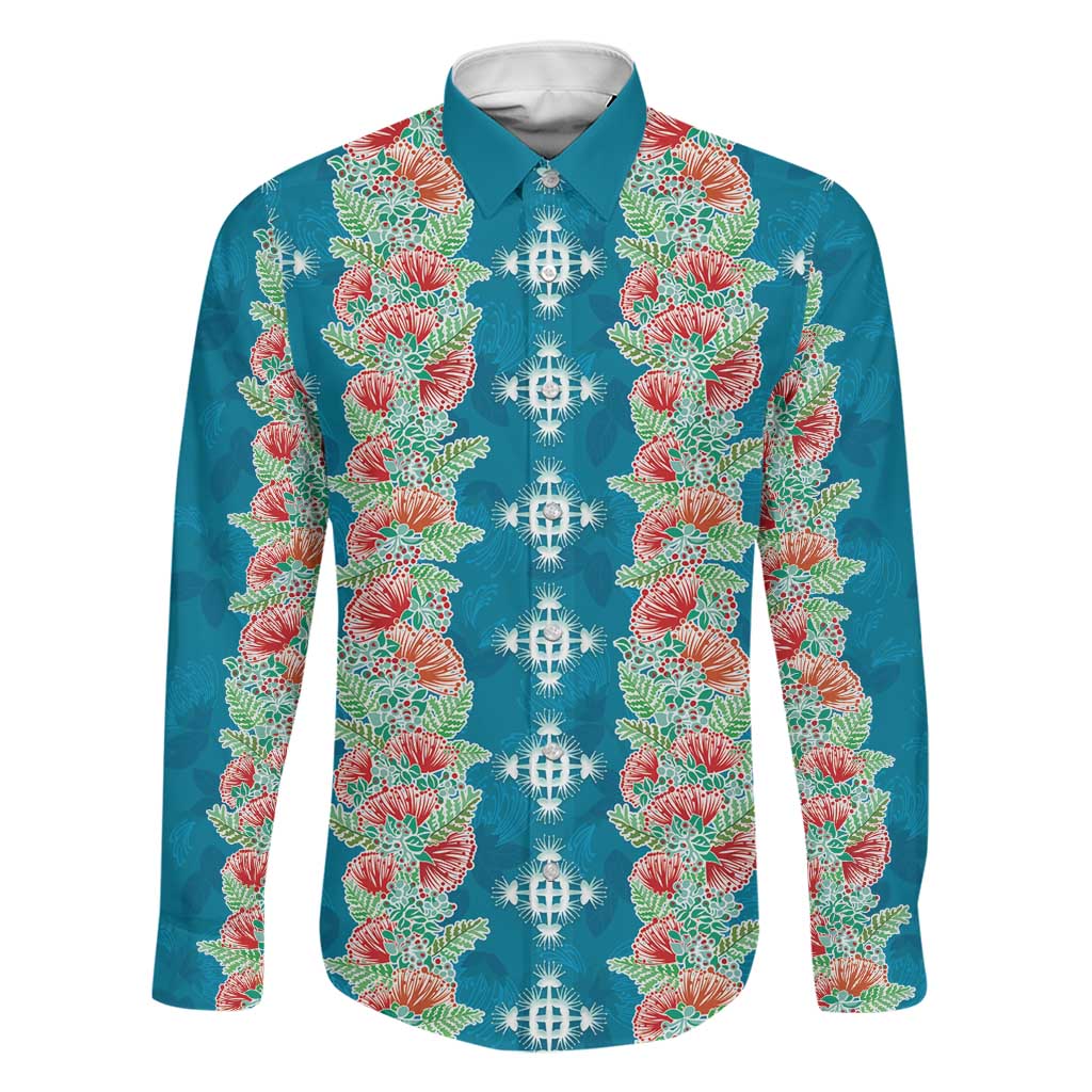 Hawaii Ohia Lehua Family Matching Long Sleeve Bodycon Dress and Hawaiian Shirt Tropical Vibes Teal LT05 Dad's Shirt - Long Sleeve Teal - Polynesian Pride