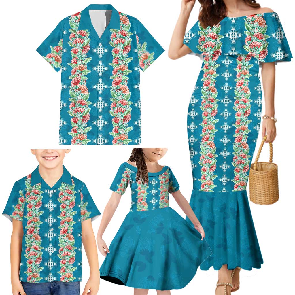 Hawaii Ohia Lehua Family Matching Mermaid Dress and Hawaiian Shirt Tropical Vibes Teal LT05 - Polynesian Pride