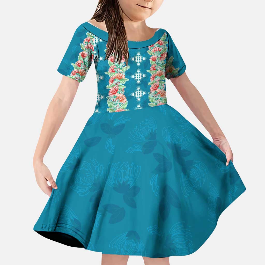 Hawaii Ohia Lehua Family Matching Off The Shoulder Long Sleeve Dress and Hawaiian Shirt Tropical Vibes Teal LT05 Daughter's Dress Teal - Polynesian Pride