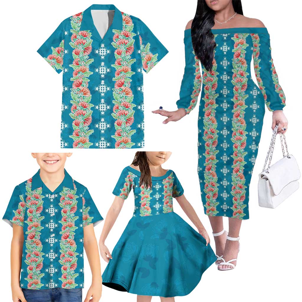 Hawaii Ohia Lehua Family Matching Off The Shoulder Long Sleeve Dress and Hawaiian Shirt Tropical Vibes Teal
