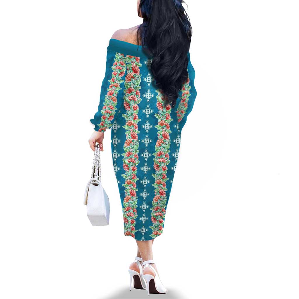 Hawaii Ohia Lehua Family Matching Off The Shoulder Long Sleeve Dress and Hawaiian Shirt Tropical Vibes Teal LT05 - Polynesian Pride
