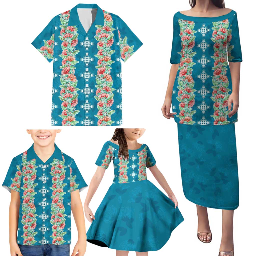 Hawaii Ohia Lehua Family Matching Puletasi and Hawaiian Shirt Tropical Vibes Teal