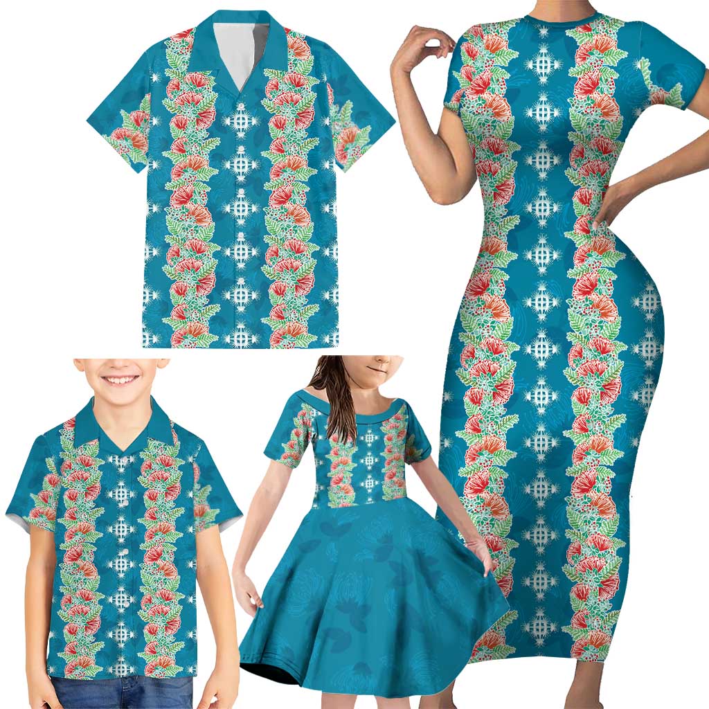 Hawaii Ohia Lehua Family Matching Short Sleeve Bodycon Dress and Hawaiian Shirt Tropical Vibes Teal LT05 - Polynesian Pride