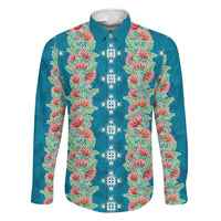 Hawaii Ohia Lehua Family Matching Tank Maxi Dress and Hawaiian Shirt Tropical Vibes Teal LT05 Dad's Shirt - Long Sleeve Teal - Polynesian Pride