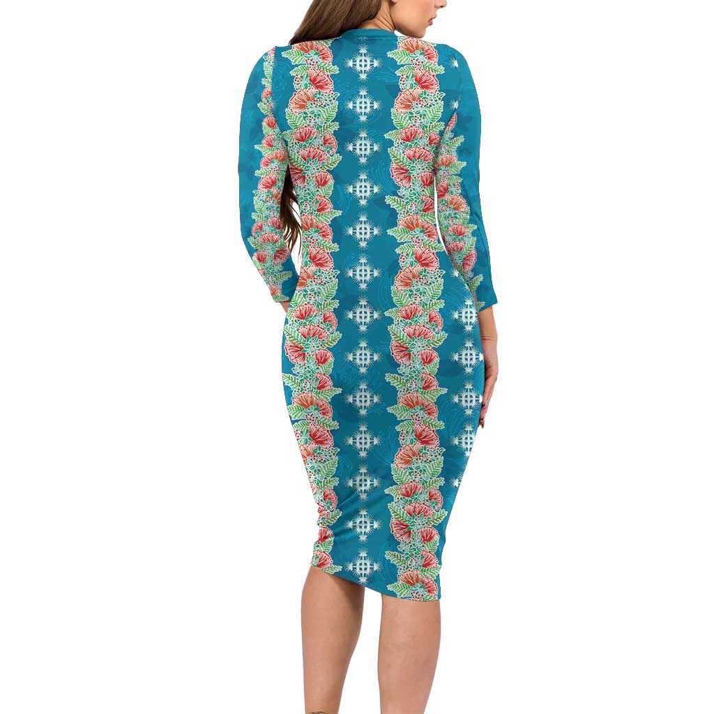 Hawaii Ohia Lehua Long Sleeve Bodycon Dress Tropical Vibes Teal
