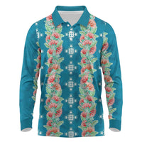 Hawaii Ohia Lehua Long Sleeve Polo Shirt Tropical Vibes Teal