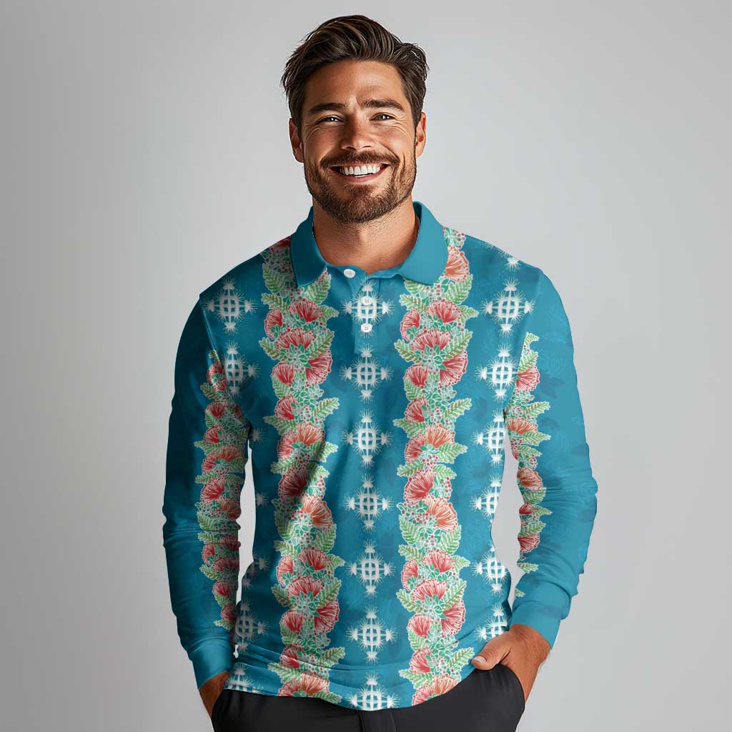 Hawaii Ohia Lehua Long Sleeve Polo Shirt Tropical Vibes Teal