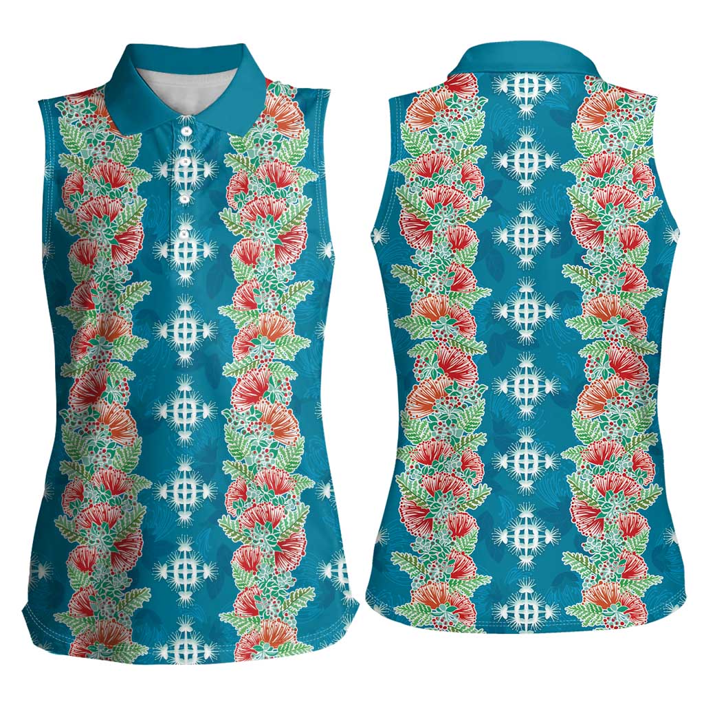 Hawaii Ohia Lehua Women Sleeveless Polo Shirt Tropical Vibes Teal