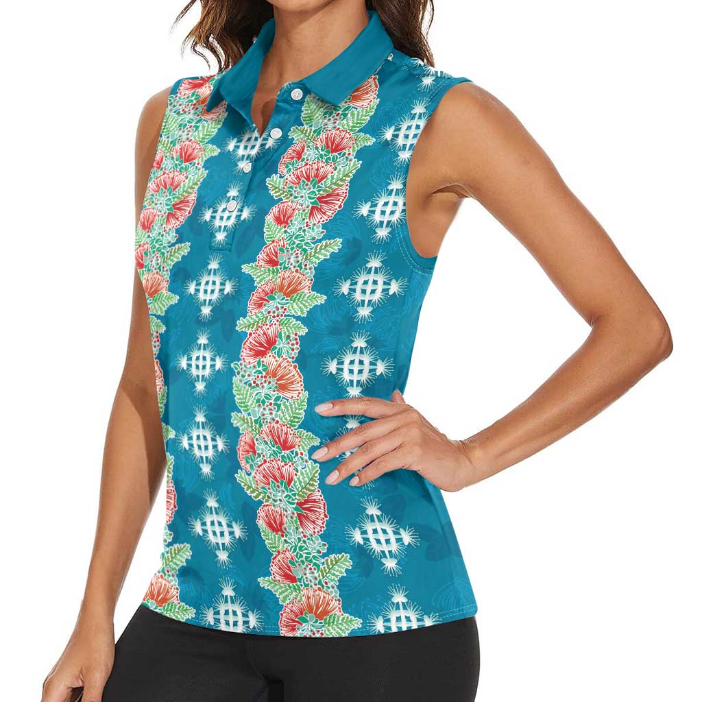 Hawaii Ohia Lehua Women Sleeveless Polo Shirt Tropical Vibes Teal