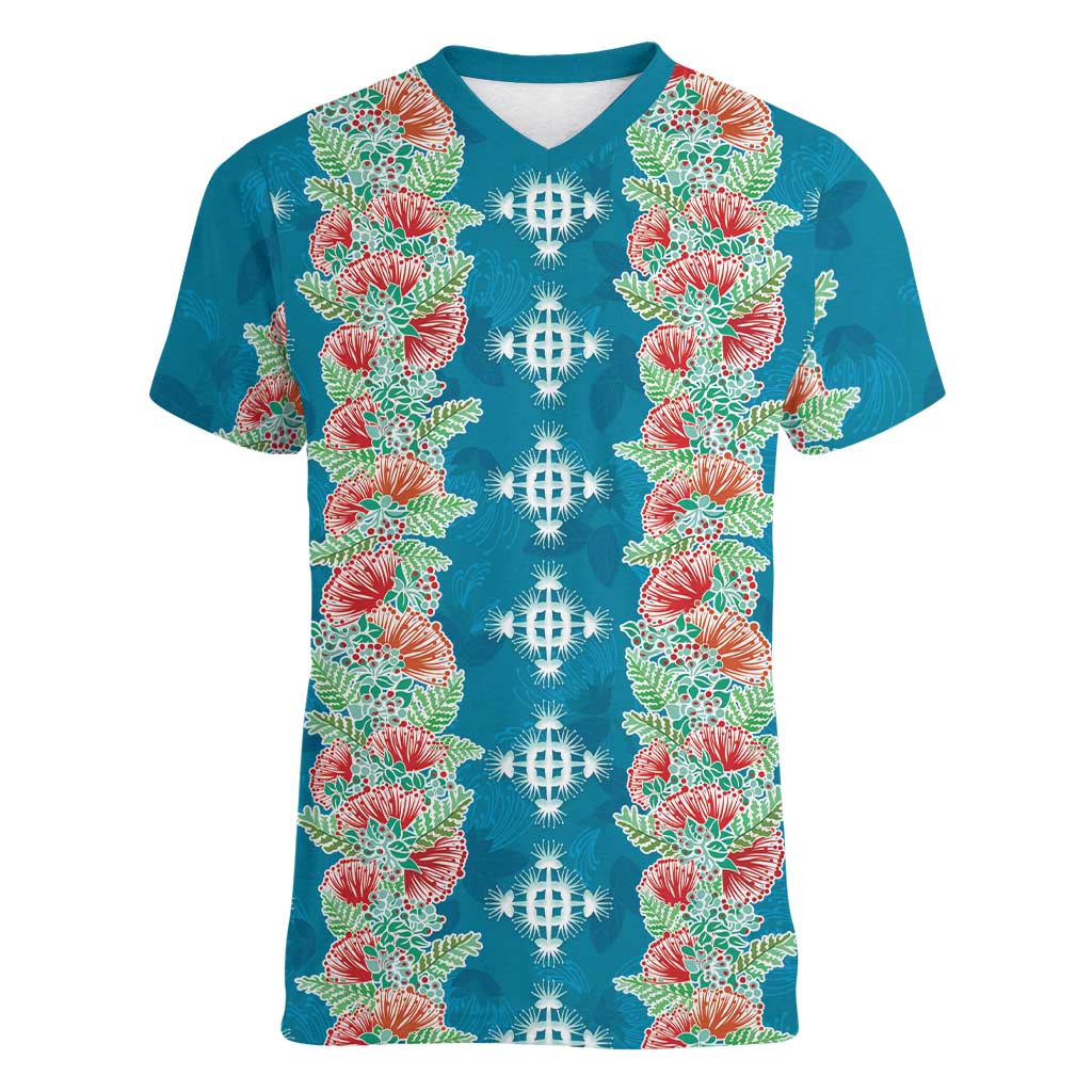 Hawaii Ohia Lehua Women V-Neck T-Shirt Tropical Vibes Teal