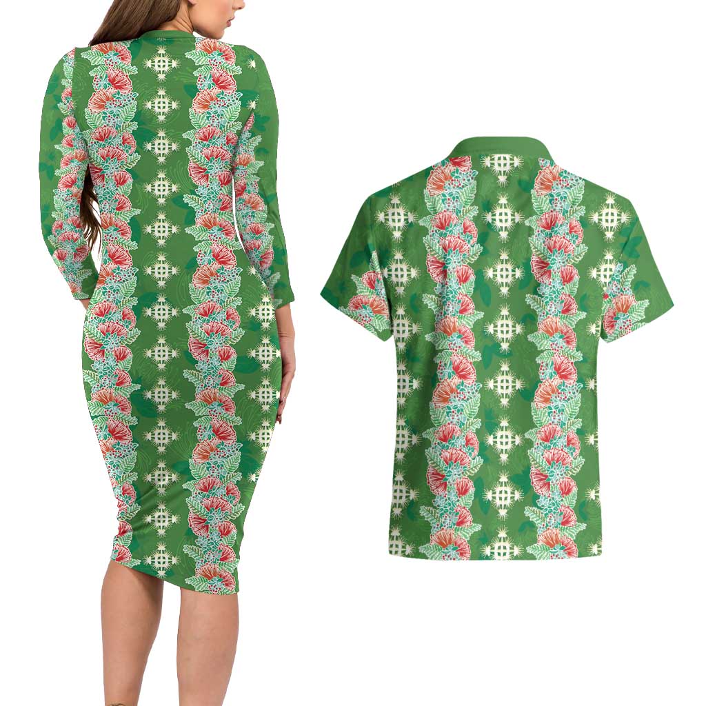 Hawaii Ohia Lehua Couples Matching Long Sleeve Bodycon Dress and Hawaiian Shirt Tropical Vibes Green LT05 - Polynesian Pride