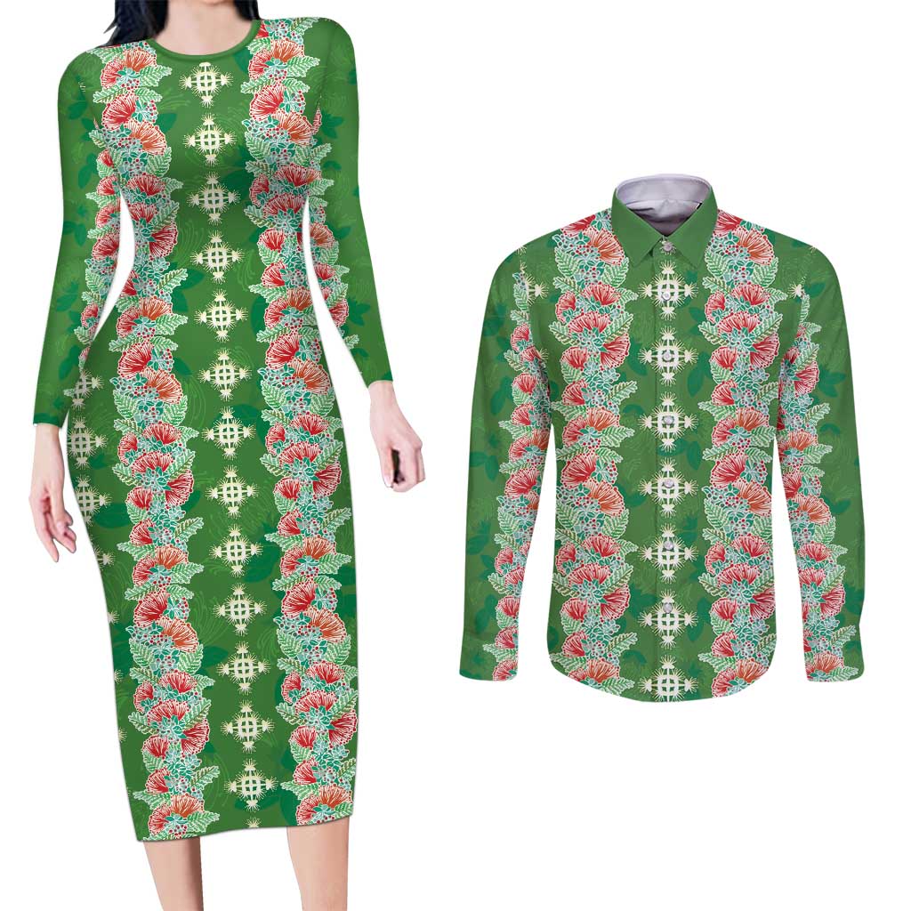 Hawaii Ohia Lehua Couples Matching Long Sleeve Bodycon Dress and Long Sleeve Button Shirt Tropical Vibes Green