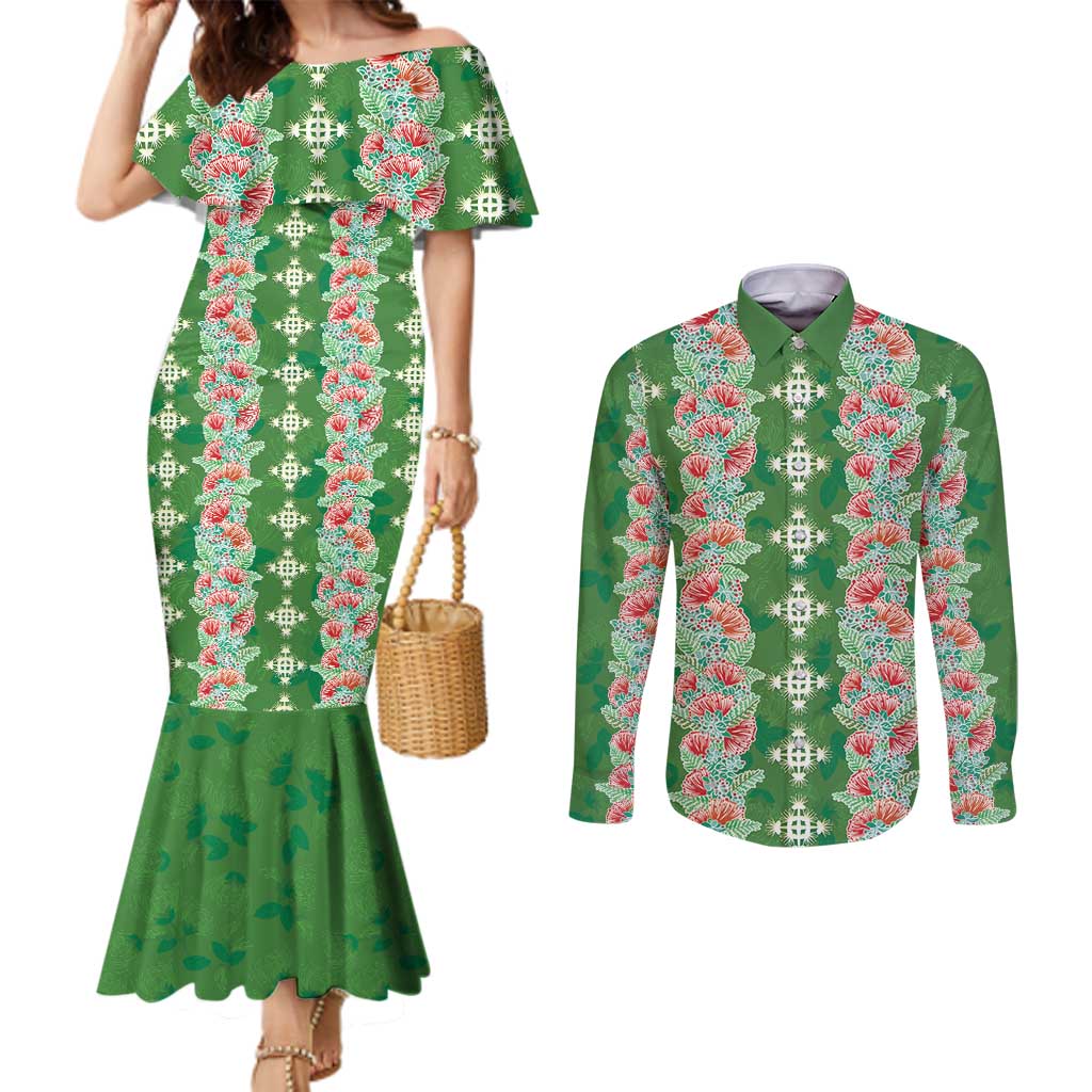 Hawaii Ohia Lehua Couples Matching Mermaid Dress and Long Sleeve Button Shirt Tropical Vibes Green