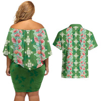Hawaii Ohia Lehua Couples Matching Off Shoulder Short Dress and Hawaiian Shirt Tropical Vibes Green LT05 - Polynesian Pride