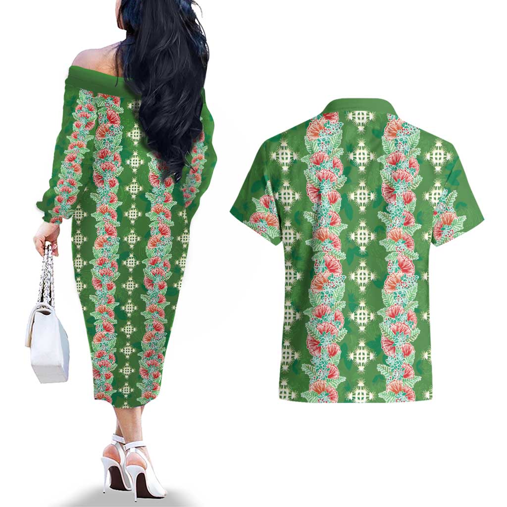 Hawaii Ohia Lehua Couples Matching Off The Shoulder Long Sleeve Dress and Hawaiian Shirt Tropical Vibes Green LT05 - Polynesian Pride