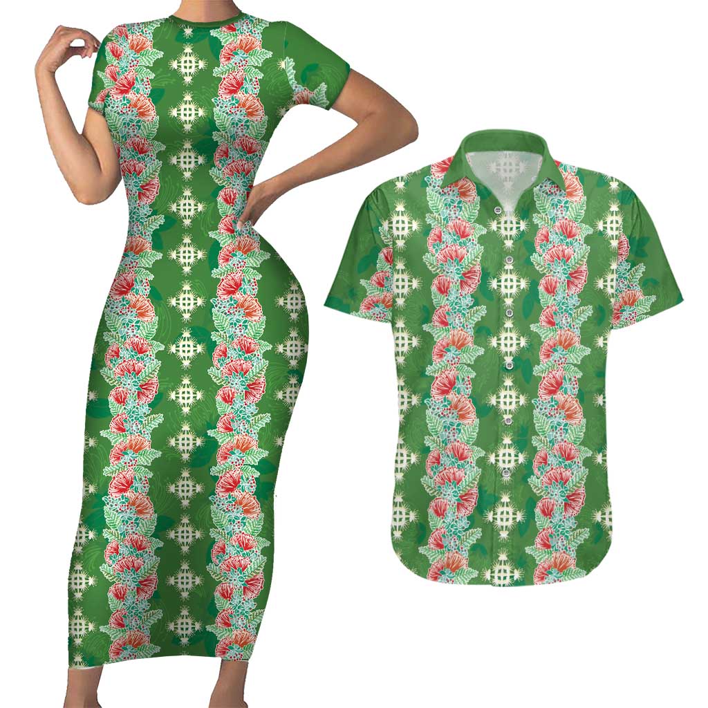 Hawaii Ohia Lehua Couples Matching Short Sleeve Bodycon Dress and Hawaiian Shirt Tropical Vibes Green LT05 Green - Polynesian Pride