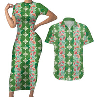 Hawaii Ohia Lehua Couples Matching Short Sleeve Bodycon Dress and Hawaiian Shirt Tropical Vibes Green LT05 Green - Polynesian Pride