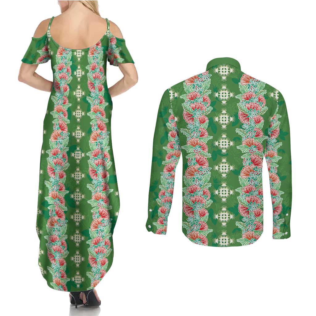 Hawaii Ohia Lehua Couples Matching Summer Maxi Dress and Long Sleeve Button Shirt Tropical Vibes Green