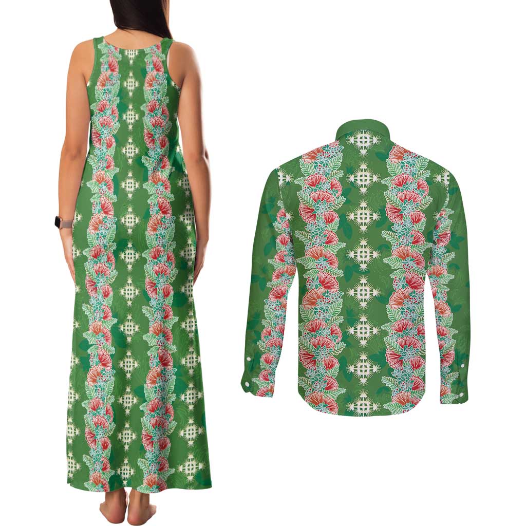 Hawaii Ohia Lehua Couples Matching Tank Maxi Dress and Long Sleeve Button Shirt Tropical Vibes Green