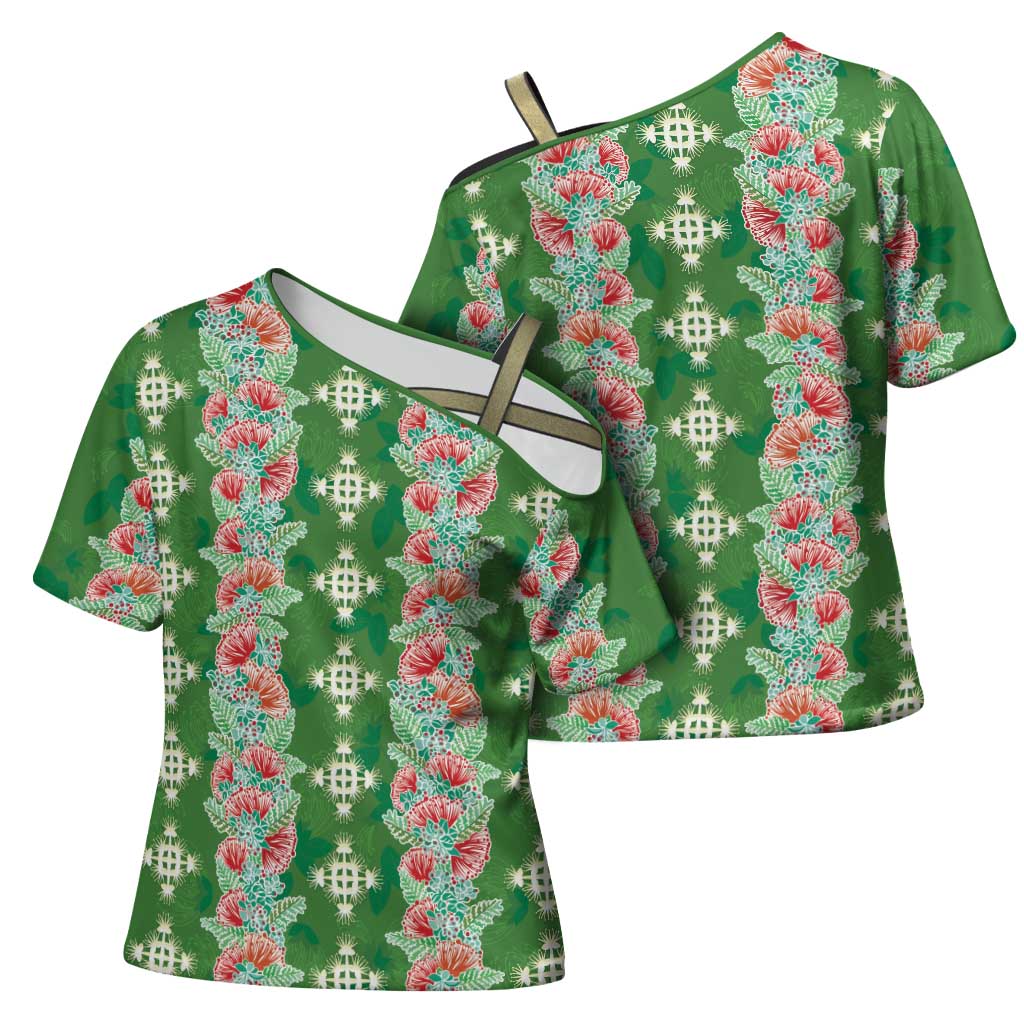 Hawaii Ohia Lehua Cross Shoulder Shirt Tropical Vibes Green