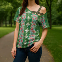 Hawaii Ohia Lehua Cross Shoulder Shirt Tropical Vibes Green