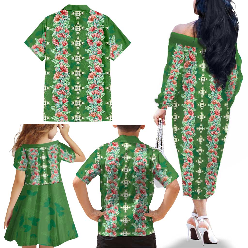 Hawaii Ohia Lehua Family Matching Off The Shoulder Long Sleeve Dress and Hawaiian Shirt Tropical Vibes Green LT05 - Polynesian Pride