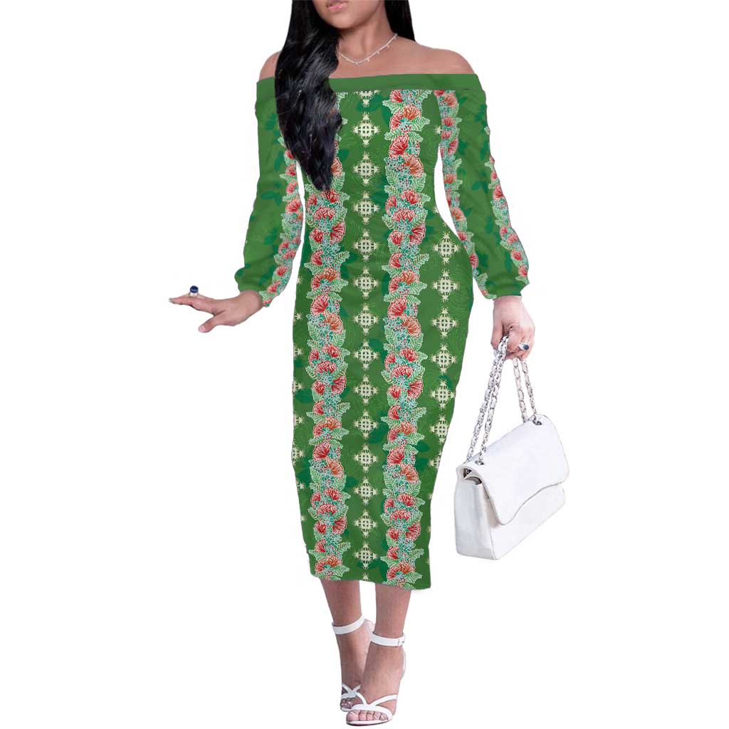 Hawaii Ohia Lehua Family Matching Off The Shoulder Long Sleeve Dress and Hawaiian Shirt Tropical Vibes Green LT05 Mom's Dress Green - Polynesian Pride