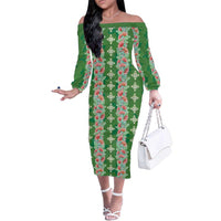 Hawaii Ohia Lehua Family Matching Off The Shoulder Long Sleeve Dress and Hawaiian Shirt Tropical Vibes Green LT05 Mom's Dress Green - Polynesian Pride